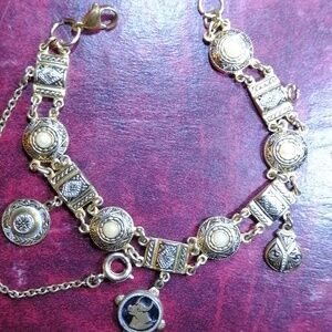 Vintage Damascene Charms Bracelet 7.5" Long